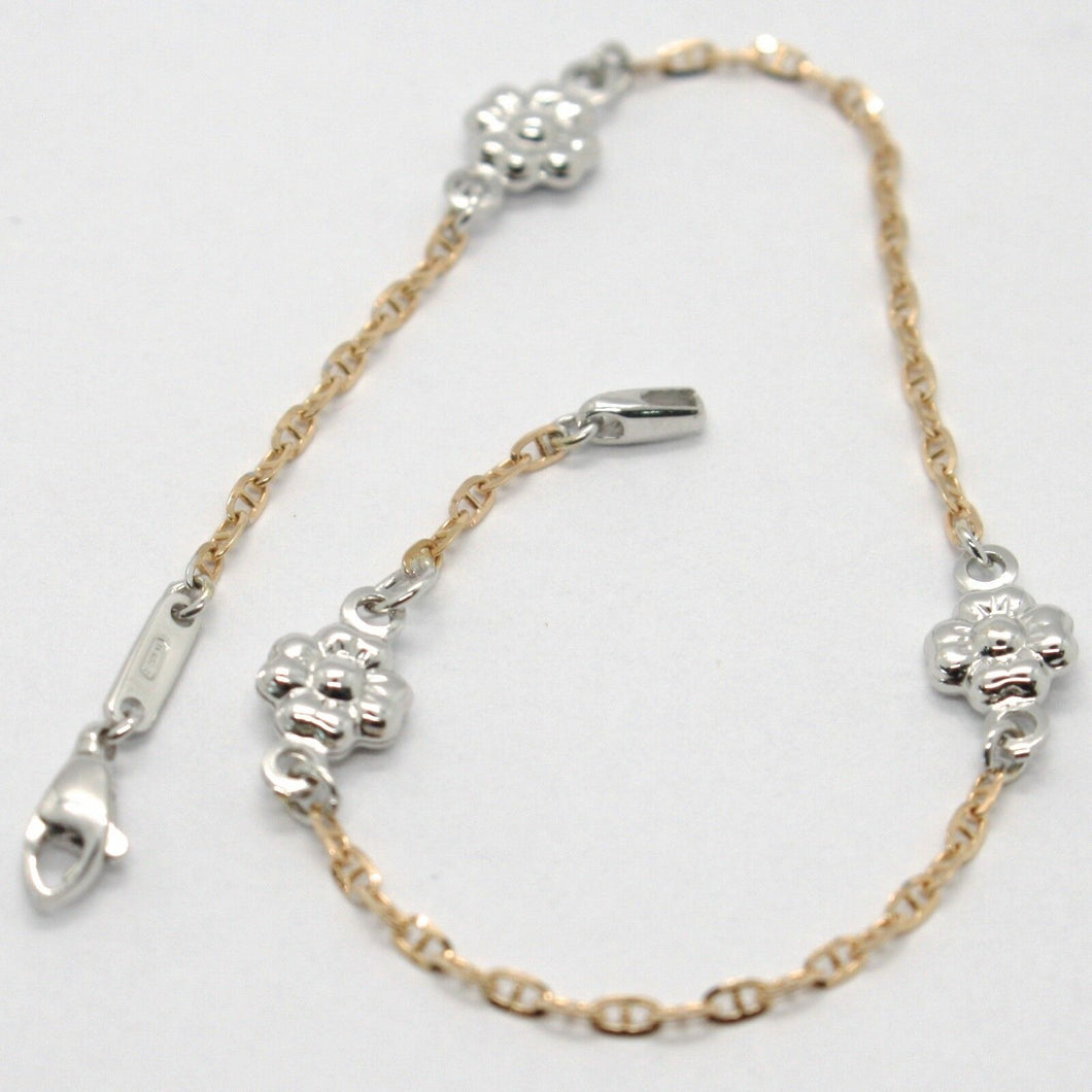 18k rose & white gold bracelet smooth bright daisy flower, mariner link, Italy.