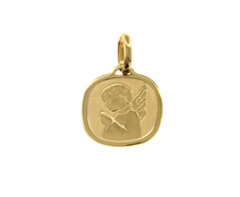 Load image into Gallery viewer, 18K YELLOW GOLD PENDANT SQUARE MEDAL GUARDIAN ANGEL IN PRAYER 16mm ENGRAVABLE.