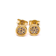 Cargar imagen en el visor de la galería, 18k rose gold mini button earrings with cubic zirconia, disc flower, 6 mm.