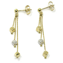 Load image into Gallery viewer, 18K YELLOW WHITE GOLD PENDANT EARRINGS, THREE WIRES, SMALL CUBES, 4 cm.