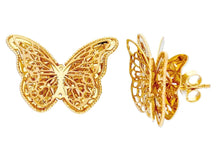 Cargar imagen en el visor de la galería, 18K YELLOW GOLD EARRINGS FINELY WORKED THREE LAYERS BUTTERFLY 20x23mm ITALY MADE.