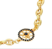 Load image into Gallery viewer, 18k yellow gold 5mm mariner man bracelet, 7.3", compass anchor, black spinel.
