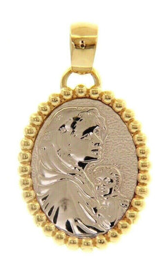 18K YELLOW WHITE GOLD MEDAL PENDANT, VIRGIN MARY, MADONNA AND JESUS WITH FRAME.