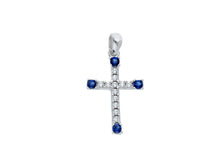 Cargar imagen en el visor de la galería, 18K WHITE GOLD SMALL 12mm CROSS WITH WHITE & BLUE ROUND CUBIC ZIRCONIA.
