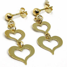 Load image into Gallery viewer, 18K YELLOW GOLD PENDANT EARRINGS, DOUBLE FLAT HEARTS, 3cm, 1.2 INCHES.
