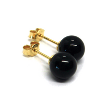 Cargar imagen en el visor de la galería, 18k yellow gold 8mm 0.31" spheres balls black agate button stud earrings.