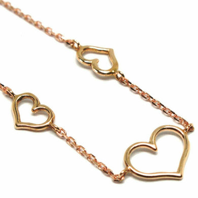 18K ROSE GOLD SQUARE ROLO CHAIN NECKLACE, 18 INCHES, 3 HEARTS, MADE IN ITALY.