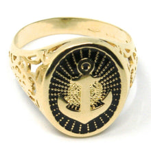 Load image into Gallery viewer, 18k yellow gold band man ring, nautical anchor, finely worked, black enamel.