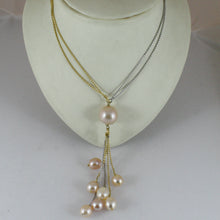 Load image into Gallery viewer, 18k yellow white gold double chain necklace, waterfall multi wires pearl pendant.