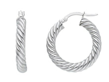 Cargar imagen en el visor de la galería, 18K WHITE GOLD HOOPS EARRINGS DIAMETER 20mm, TUBE 4mm STRIPED TWISTED BRAIDED.