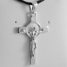 Load image into Gallery viewer, 18k white gold cross with Jesus & st saint Benedict medal made in Italy.