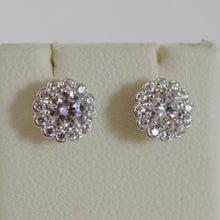 Load image into Gallery viewer, 18k white gold 7 mm flower sun earrings white zirconia 1.3 carats.