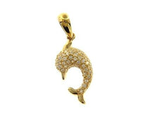 Load image into Gallery viewer, 18K YELLOW GOLD SMALL 12mm 0.5" ROUNDED DOLPHIN PENDANT WITH ZIRCONIA, CHARM.