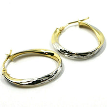 Load image into Gallery viewer, 18K YELLOW WHITE GOLD OVAL CIRCLE HOOPS PENDANT EARRINGS, TWISTED 2.5cm ONDULATE.