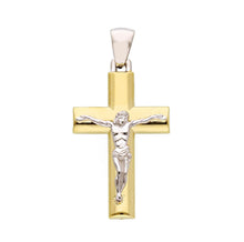 Load image into Gallery viewer, 18K YELLOW WHITE GOLD ROUNDED CROSS PENDANT, SMOOTH WITH JESUS CHRIST, 29mm.