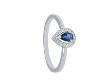 Load image into Gallery viewer, solid 18k white gold ring with drop cut sapphire 0.27 carats and diamonds frame.