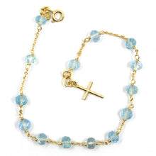 Load image into Gallery viewer, 18k yellow gold rosary bracelet, oval faceted aquamarine, mini tube Cross.