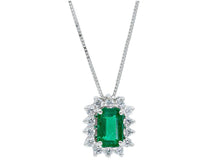 Cargar imagen en el visor de la galería, 18k white gold flower necklace diamonds 0.22 & rectangular emerald 0.70 pendant.