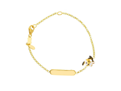 18k yellow gold kid child girl baby bracelet enamel dog and plate rolo chain.