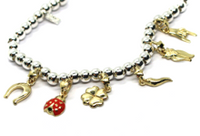 Load image into Gallery viewer, 925 STERLING SILVER BRACELET, 9K YELLOW GOLD HORSESHOE, HAND, OWL, HORN, LADYBUG.