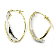 Load image into Gallery viewer, 18K YELLOW WHITE GOLD PENDANT EARRINGS ONDULATE OVAL DOUBLE TUBE HOOPS 2.9cm.