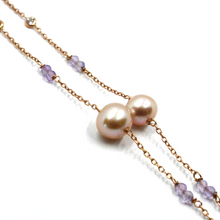 Cargar imagen en el visor de la galería, 18k rose gold lariat necklace, faceted 3mm amethyst, purple pearls and zirconia.