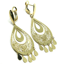 Charger l'image dans la galerie, 18K YELLOW GOLD PENDANT EARRINGS, 5.5 cm DROP WATERFALL PENDANTS, WORKED FLOWERS.