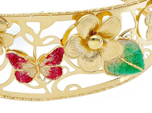 Cargar imagen en el visor de la galería, 18K YELLOW GOLD BANGLE BRACELET WITH FINELY WORKED ENAMEL FLOWER BUTTERFLY LEAF.