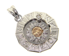Load image into Gallery viewer, 18k white & rose gold zodiac sign round 27mm diamond sun zodiacal medal pendant.