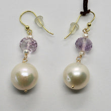 Load image into Gallery viewer, SOLID 18K YELLOW GOLD EARRINGS WITH BIG WHITE PEARLS AND AMETHYST MADE IN ITALY.