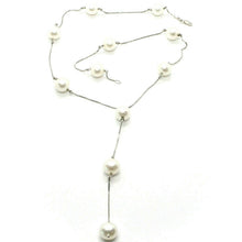 Load image into Gallery viewer, 18k white gold lariat necklace, venetian chain alternate with white pearls 10 mm.
