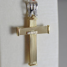 Load image into Gallery viewer, 18K YELLOW WHITE GOLD CROSS WITH JESUS, STRIPED BRIGHT 1.34 INCHES MADE IN ITALY.