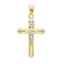 Load image into Gallery viewer, 18K YELLOW WHITE GOLD ROUNDED CROSS PENDANT, SMOOTH WITH JESUS CHRIST, 30mm.