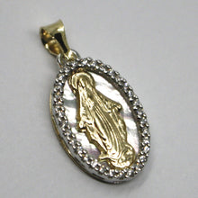 Load image into Gallery viewer, 18k yellow white gold medal, virgin Mary, miraculous, mother of pearl, zirconia.