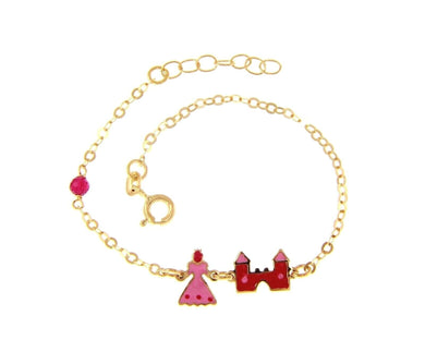 18k yellow gold kid child baby bracelet enamel princess and castle, rolo chain.