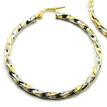 Load image into Gallery viewer, 18K YELLOW WHITE GOLD CIRCLE HOOPS PENDANT EARRINGS, 4 cm x 3mm TWISTED, BRAIDED.