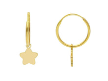 Load image into Gallery viewer, 18K YELLOW GOLD EARRINGS, ROUND 14mm CIRCLE HOOPS, SMALL PENDANT 8mm STARS.
