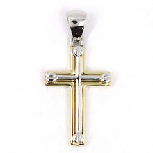 Load image into Gallery viewer, 18K YELLOW WHITE GOLD SQUARE TUBE DOUBLE CROSS, 3 CM 1.2 INCHES MADE IN ITALY.