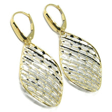Load image into Gallery viewer, 18K YELLOW WHITE GOLD PENDANT EARRINGS ONDULATE WORKED DROP, SHINY, STRIPED.