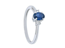 Load image into Gallery viewer, solid 18k white gold ring with oval cut sapphire 0.5 carats and two diamonds.