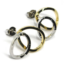 Load image into Gallery viewer, 18K YELLOW WHITE GOLD PENDANT EARRINGS ONDULATE DOUBLE SQUARED OVAL 1.7cm, 0.67".