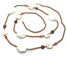 Charger l'image dans la galerie, 18k yellow gold long 90cm 35" necklace big drop pearls, amber, mother of pearl.
