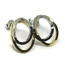 Load image into Gallery viewer, 18K YELLOW WHITE GOLD PENDANT EARRINGS ONDULATE DOUBLE SQUARED OVAL 1.7cm, 0.67".