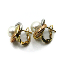 Load image into Gallery viewer, 18k yellow white rose gold clips 15mm earrings alternate flower knot with pearl.