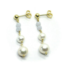 Load image into Gallery viewer, 18k yellow gold pendant earrings, with fw pearls and chalcedony.