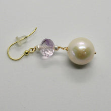Load image into Gallery viewer, SOLID 18K YELLOW GOLD EARRINGS WITH BIG WHITE PEARLS AND AMETHYST MADE IN ITALY.