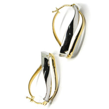 Load image into Gallery viewer, 18K YELLOW WHITE GOLD PENDANT EARRINGS ONDULATE OVAL DOUBLE TUBE HOOPS 2.9cm.