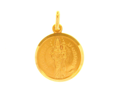 solid 18k yellow gold Our Madonna Virgin Mary Lady of Oropa 17mm round medal pendant, very detailed.