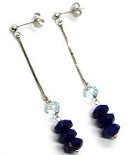 Cargar imagen en el visor de la galería, 18k white gold pendant earrings, lapis lazuli, aquamarine, 2.3 inches length.