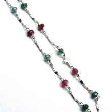 将图片加载到图库查看器,18K WHITE GOLD 18.5" NECKLACE CROSS, RED GREEN TOURMALINE SPIRAL SINGAPORE CHAIN.